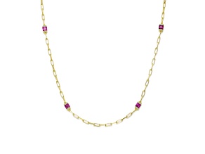 Ruby Red Square Cubic Zirconia, 14K Gold Plated over Brass with Accents Chain Necklace