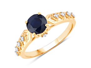 Blue Sapphire and White Diamond 10K Yellow Gold Open Design Ring 1.13ctw