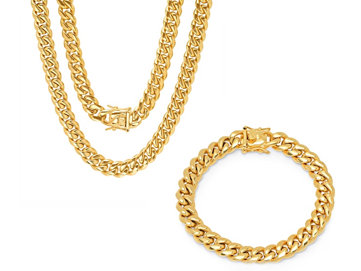 Men's 18K Yellow Gold Over Stainless Steel Miami Cuban Link Bracelet and Chain Set