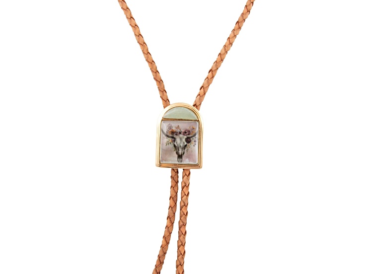 Barse Jewelry Green Aventurine Gold Tone & Leather Steer Skull Bolo Necklace