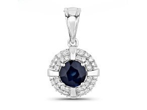Round Blue Sapphire and White Diamond 10K White Gold halo pendant