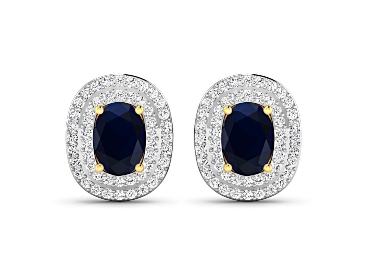 Blue Sapphire and White Diamond 14K Yellow Gold Halo Stud Earrings