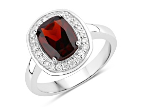 Red Garnet and Lab Grown Diamond Rhodium Over Sterling Silver Halo Ring 2.64ctw