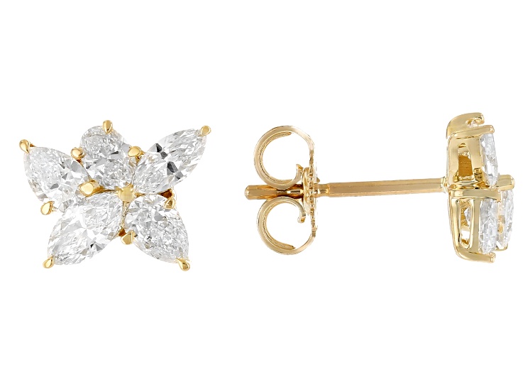 White Mixed Shape Lab-Grown Diamond 14k Yellow Gold Flower Earrings 1.00ctw