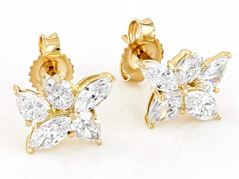 White Mixed Shape Lab-Grown Diamond 14k Yellow Gold Flower Earrings 1.00ctw