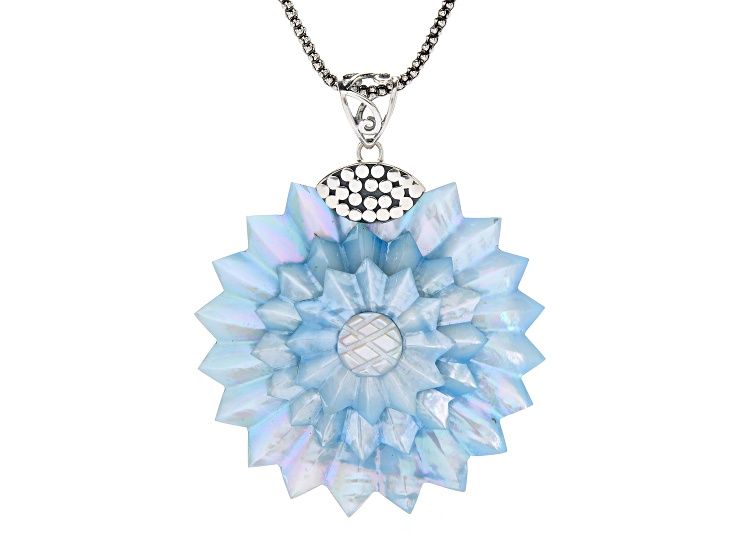 Silver Treasures by Samuel B. Carved Blue Mother Of Pearl Sterling Silver Pendant With Chain