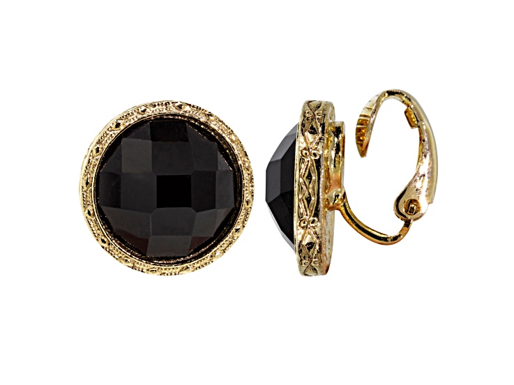 1928 Jewelry Gold Tone Black Round Faceted Button Earrings