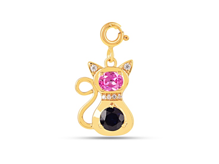 Lab Created Pink and Blue Sapphire 18k Yellow Gold Over Sterling Silver Cat Charm Cat Pendant