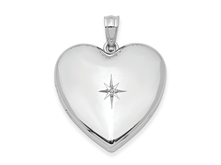 Rhodium Over Sterling Silver 24mm with Diamond Star Design Heart Locket