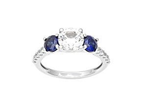Lab Created Blue and White Sapphire Sterling Silver Three-Stone Engagement Ring 2.88ctw