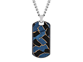 Stainless Steel and Blue and Black Enamel Dog Tag Pendant With Chain