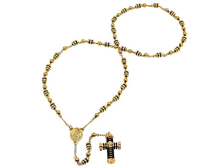 Men's 18K Yellow Gold Over Stainless Steel With Black Rubber Rosary
