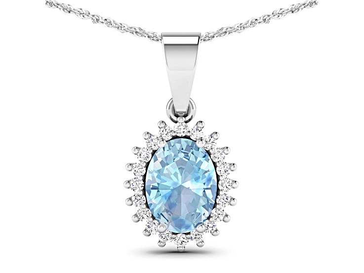 1.05ctw 14K White Gold Oval Aquamarine and White Diamond Pendant with 18 inch Cable Chain
