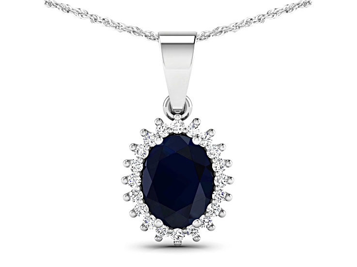 1.30ctw 14K White Gold Blue Sapphire and White Diamond Pendant with 18 inch Cable Chain