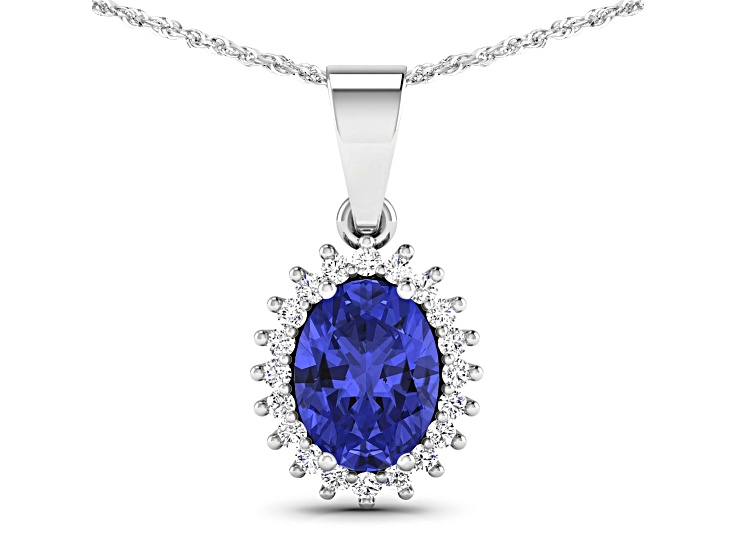 1.15ctw 14K White Gold Tanzanite and White Diamond Pendant with 18 inch Cable Chain