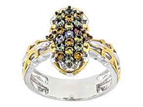 Multi Color Sapphire Rhodium & 24k Yellow Gold Over Palladium Sterling Silver Ring 0.88ctw