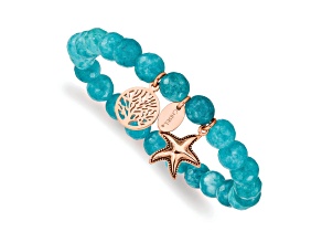 Rose Stainless Steel Antiqued and Polished Starfish Aqua Dyed Jade Bracelet