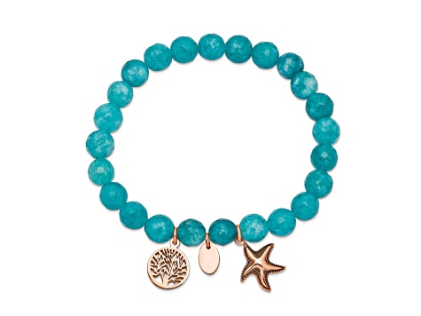 Rose Stainless Steel Antiqued and Polished Starfish Aqua Dyed Jade Bracelet