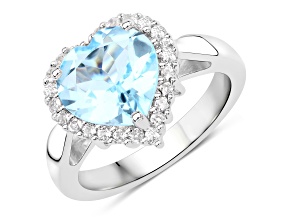 Blue Topaz and White Topaz Rhodium Over Sterling Silver Heart Halo Ring 4.68ctw