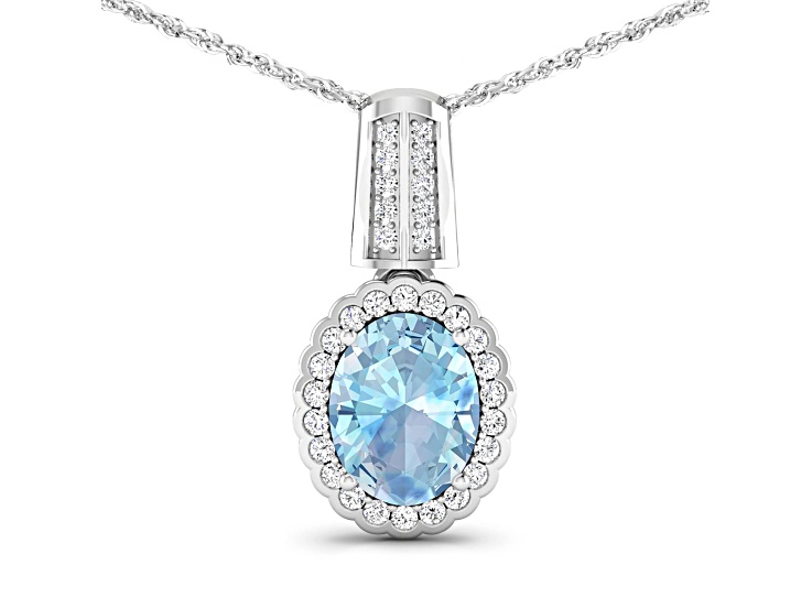 1.40ctw 14K White Gold Oval Aquamarine and White Diamond Pendant with 18 inch Cable Chain