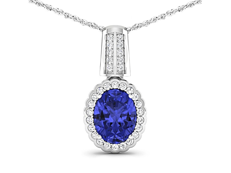 1.60ctw 14K White Gold Tanzanite and White Diamond Pendant with 18 inch Cable Chain