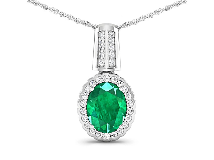 1.65ctw 14K White Gold Zambian Emerald and White Diamond Pendant with 18 inch Cable Chain
