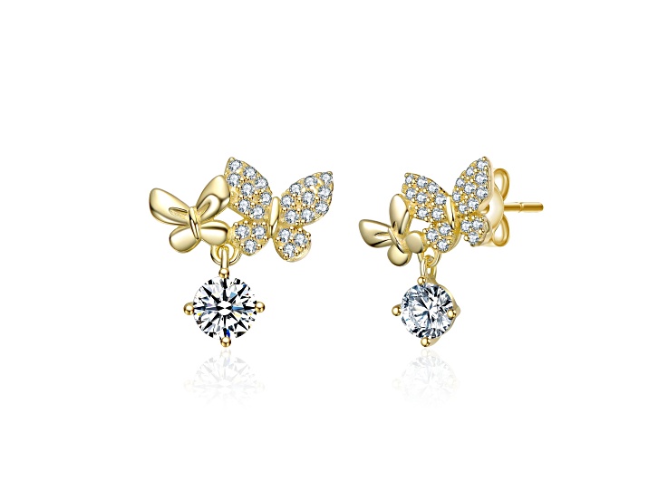 14K Gold Plated over Brass with Clear Cubic Zirconia Double Butterfly ...
