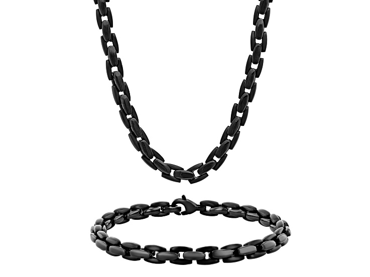 Black Ion-Plated Stainless Steel Chain Necklace and Bracelet Set