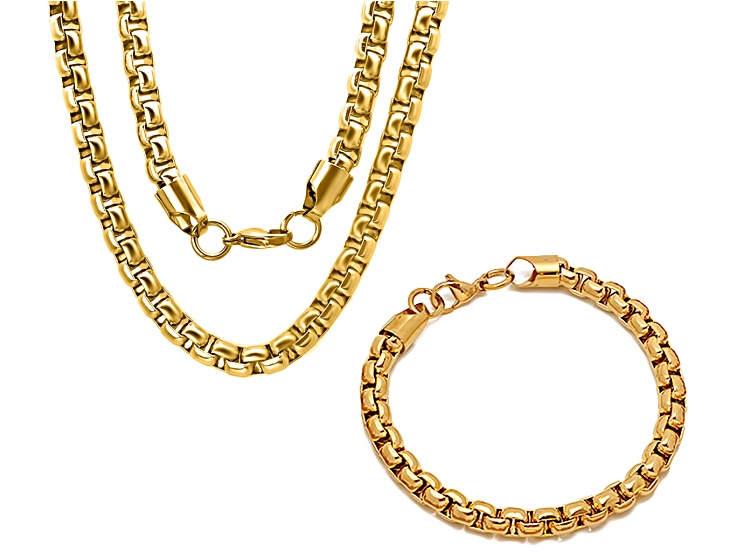 Men's 18K Yellow Gold Over Stainless Steel Thick Round Box Link Bracelet and Chain Set