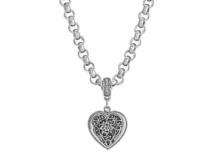 1928 Jewelry Silver Tone Brass Filigree Heart Pendant With Chain 16 Inch Adjustable