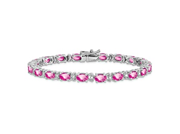 Picture of Rhodium Over 14k White Gold Oval Lab Created Pink Sapphire and Diamond Bracelet