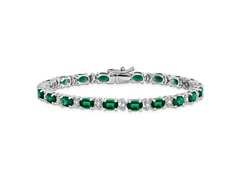 Rhodium Over 14k White Gold Oval Lab Created Emerald and Diamond Bracelet
