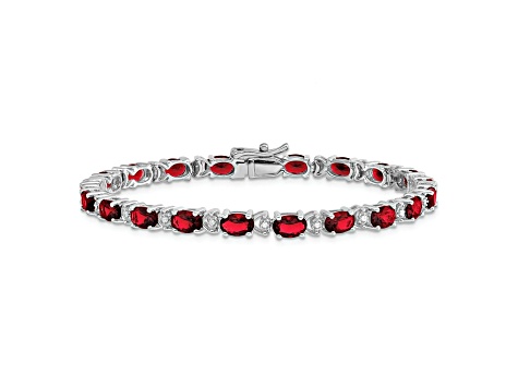 Rhodium Over 14k White Gold Oval Lab Created Ruby and Diamond Bracelet