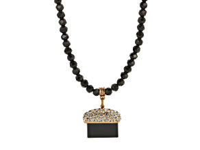 Yellow Base Metal Black Glass Bead Semi Precious Onyx Stone Necklace 15" Adj.