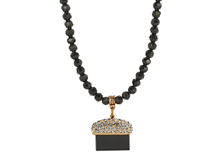Yellow Base Metal Black Glass Bead Semi Precious Onyx Stone Necklace 15" Adj.
