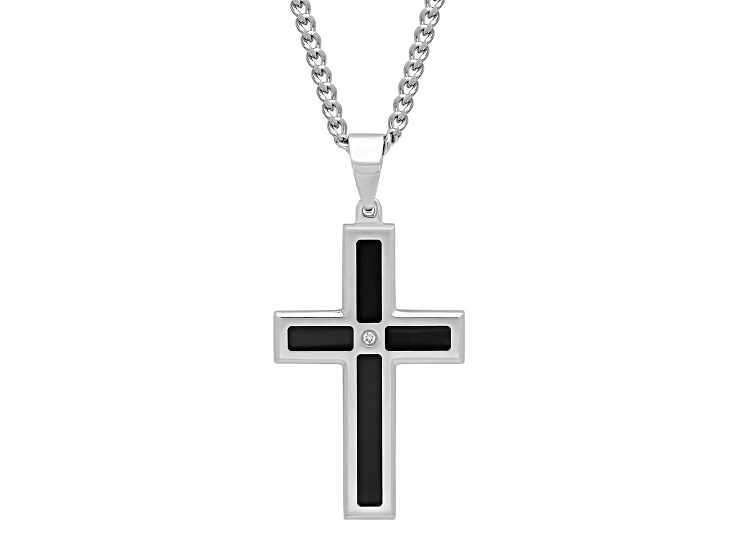 Stainless Steel With Black Enamel and White Diamond Accent Cross Pendant With Chain