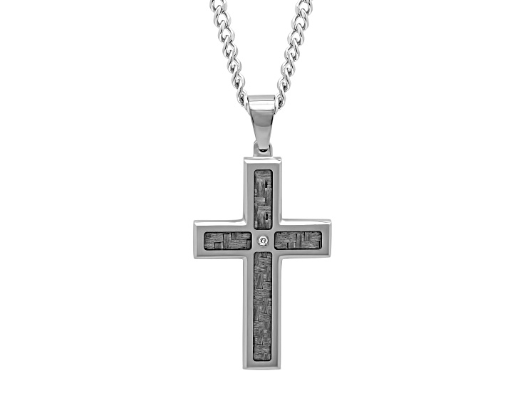 Gunmetal Stainless Steel With White Carbon Fiber and White Diamond Accent Cross Pendant With Chain