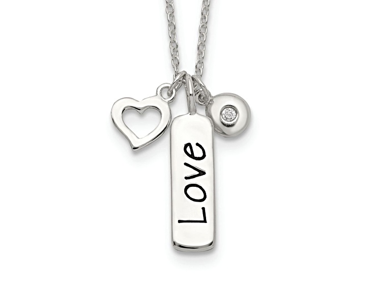 Sterling Silver Antiqued and Polished Cubic Zirconia LOVE Heart with 1-inch Extension Necklace