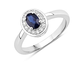 Oval Blue Sapphire and Lab Grown Diamond Rhodium Over Silver Halo Ring 0.62ctw