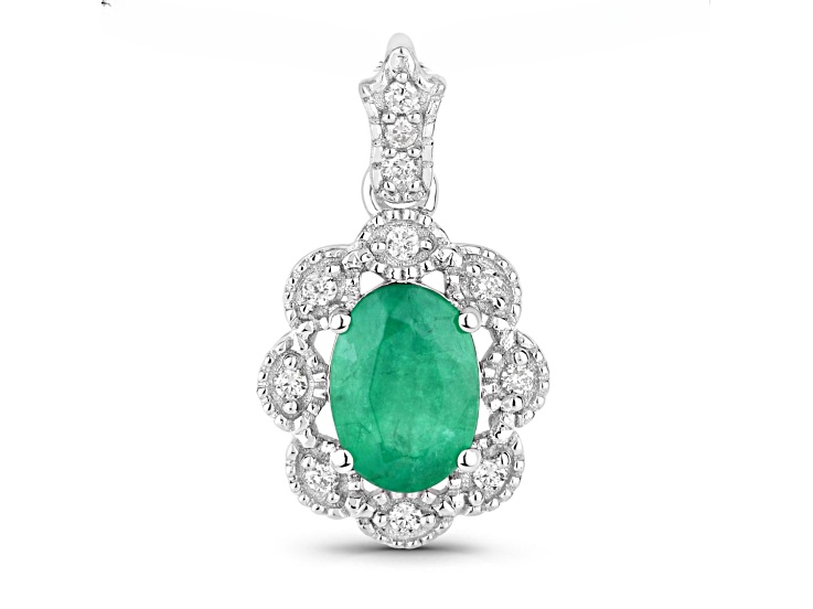 Zambian Emerald and White Diamond 10K White Gold Flower Halo Pendant