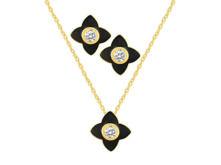 White Crystal and Black Enamel Brass Jewelry Set- Stud Earrings, Pendant w/17 Inch Chain+ 2 in Ext