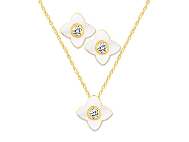 White Crystal and White Enamel Brass Jewelry Set- Stud Earrings, Pendant w/17 Inch Chain+ 2 in Ext
