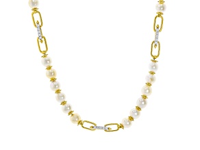White Lab-Grown Diamond F-G SI and Freshwater Pearl 14K Yellow Gold Over Silver Necklace 1.00ctw