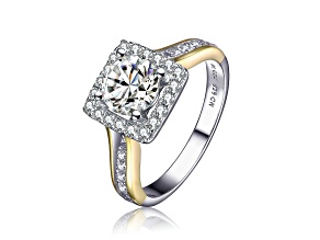 Clear Cubic Zirconia, Two-Tone over Sterling Silver Halo Ring