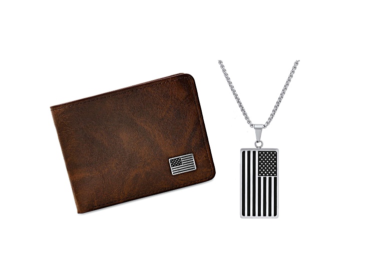 Brown Leather American Flag Wallet and Monochrome American Flag Pendant