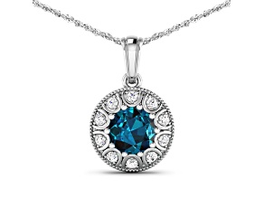 2.05ctw 14K White Gold Blue London Blue Topaz and White Diamond Pendant with 18 inch Cable Chain
