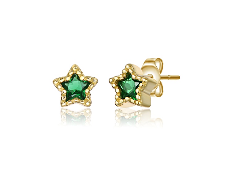 Emerald Green Cubic Zirconia, 14K Gold Plated over Brass Star-Shaped Stud Earrings for Kids