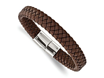 Picture of Braided Brown Leather and Stainless Steel Polished 8.5-inch Bracelet