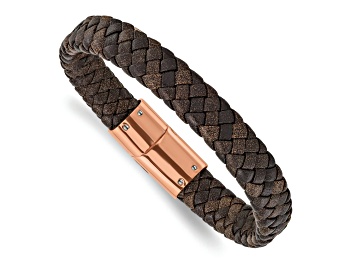 Picture of Brown Braided Leather and Stainless Steel Polished Rose IP Plated 8.5-inch Bracelet
