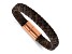 Brown Braided Leather and Stainless Steel Polished Rose IP Plated 8.5-inch Bracelet